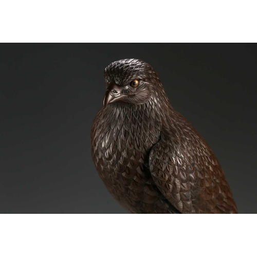 143 - A Japanese bronze okimono of a hawk, Meiji period, finely cast with well detailed feathers, the eyes... 