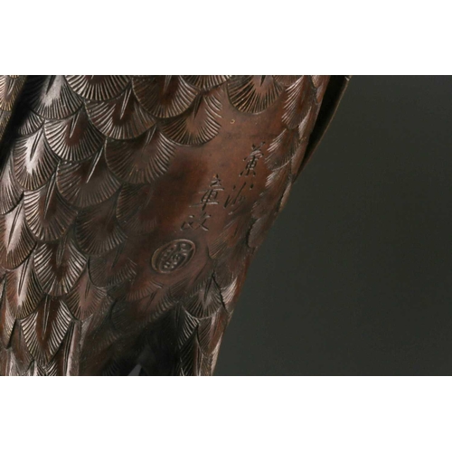 143 - A Japanese bronze okimono of a hawk, Meiji period, finely cast with well detailed feathers, the eyes... 