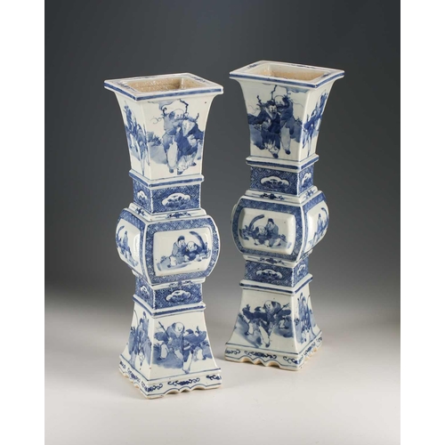 149 - A large pair of Chinese blue & white altar form candlesticks, Qing, 19th century, of square section ... 