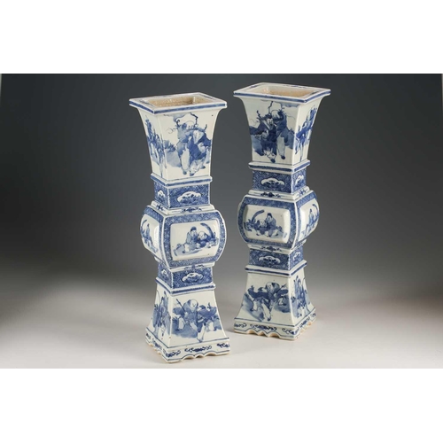 149 - A large pair of Chinese blue & white altar form candlesticks, Qing, 19th century, of square section ... 