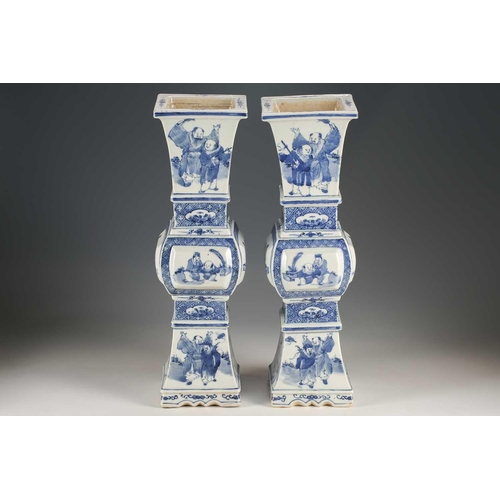 149 - A large pair of Chinese blue & white altar form candlesticks, Qing, 19th century, of square section ... 