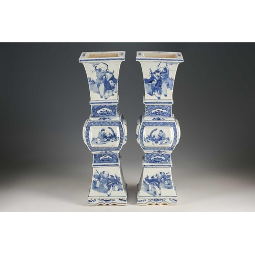 149 - A large pair of Chinese blue & white altar form candlesticks, Qing, 19th century, of square section ... 