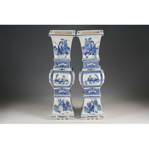 149 - A large pair of Chinese blue & white altar form candlesticks, Qing, 19th century, of square section ... 