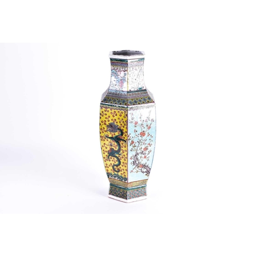 156 - A large Chinese Famille verte hexagonal vase, Qing, 19th century, the neck with a continuous scene o... 