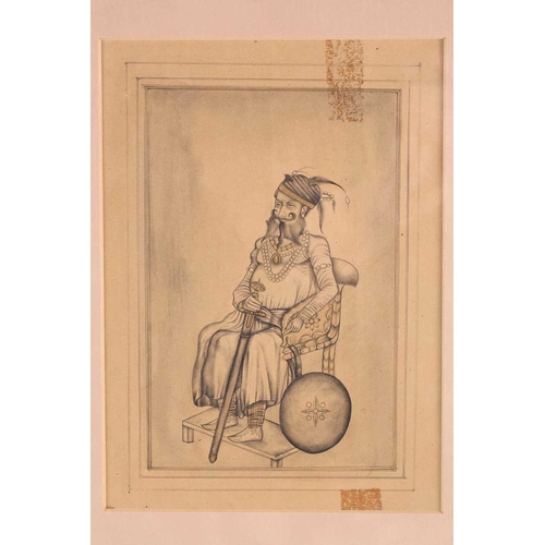 172 - An early 20th-century Indian school watercolour sketch depicting an elderly Maharaja seated with a f... 