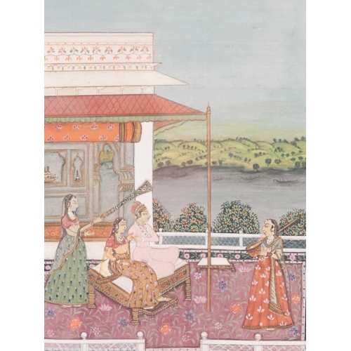 175 - Indian school, a Mughal style exterior court scene with shah & consort with attendants, within flora... 