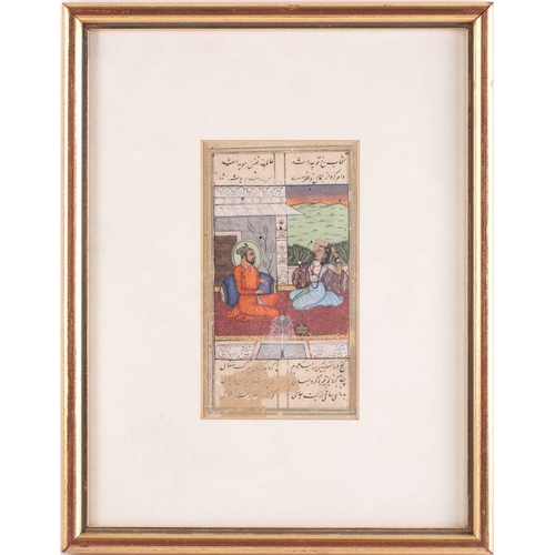 177 - A 19th-century Indian school manuscript page depicting a young Sha Jahan and Mumtaz seated on a vera... 