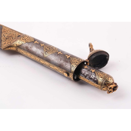 182 - A Persian Kard and scabbard, Qajar, 19th century, with wootz blade and gold koftari and calligraphic... 