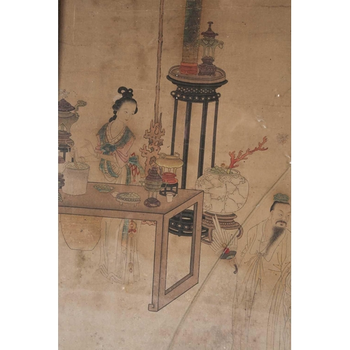 19 - A Chinese family interior scene, Qing, 19th century, a father with child before a bowl of auspicious... 