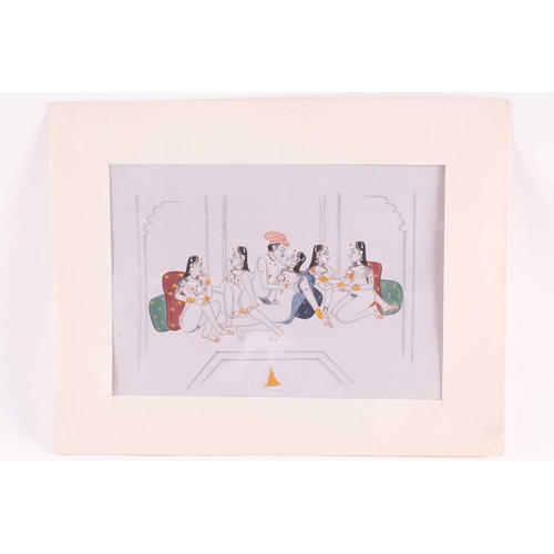 191 - Indian School, circa 1900, an erotic gouache painting of a king embracing his mistresses wearing jew... 