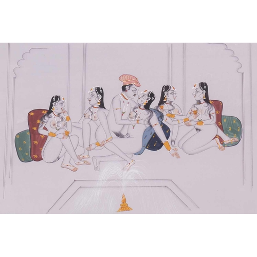 191 - Indian School, circa 1900, an erotic gouache painting of a king embracing his mistresses wearing jew... 