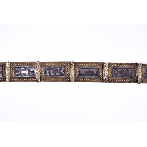 193 - A 19th Armenian /Ottoman Turkish white metal ladies belt with inset niello decorated panels and a fi... 