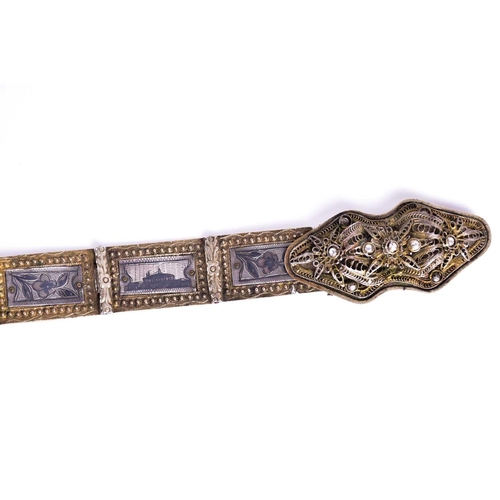 193 - A 19th Armenian /Ottoman Turkish white metal ladies belt with inset niello decorated panels and a fi... 