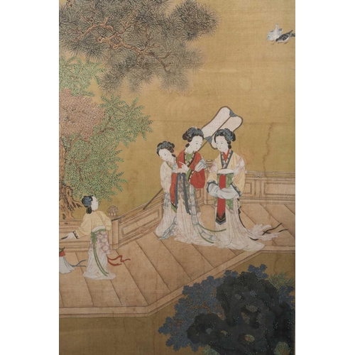 20 - Chinese school, Qing, late 19th century, court ladies and attendants within pagoda and gardens, wate... 