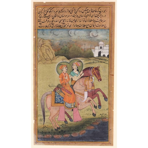 203 - A 19th century Indian school manuscript page painted with a nobleman and consort on horseback in a r... 