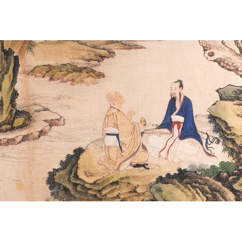 21 - A Chinese colour print on silk, 20th century, painted with three deities in tranquil surroundings, w... 