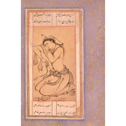 210 - Persian school, a nim qalam pen and ink drawing of a daydreaming female, kneeling with her arm resti... 