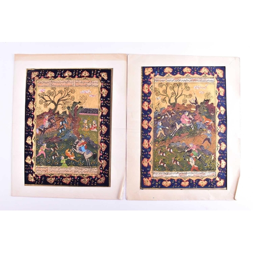 211 - Indo/Persian school, 20th century, a pair of illuminated book pages, each depicting Persian hunters ... 