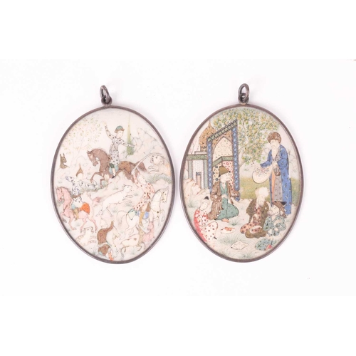 226 - A pair of Persian oval miniature paintings on ivory, early 20th century. Depicting a hunting scene w... 