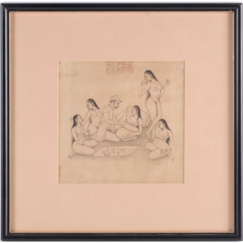 235 - A 19th-century Indian school erotic watercolour sketch. depicting a gentleman in Western attire in c... 