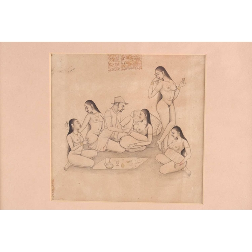 235 - A 19th-century Indian school erotic watercolour sketch. depicting a gentleman in Western attire in c... 