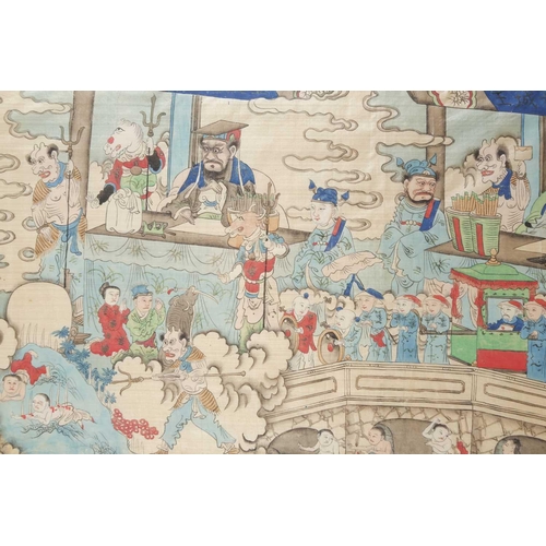 24 - Five Courts of Hell, a Chinese watercolor on silk, Qing,19th century, painted with five kings passin... 