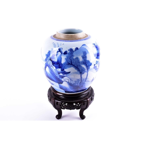 245 - A Chinese blue & white ginger jar, Qing, Kangxi period, well painted with a scholar at the foot of a... 