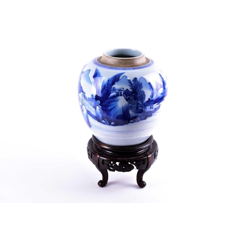 245 - A Chinese blue & white ginger jar, Qing, Kangxi period, well painted with a scholar at the foot of a... 