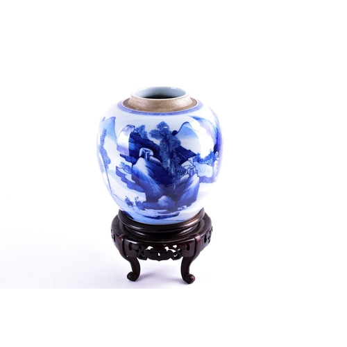 245 - A Chinese blue & white ginger jar, Qing, Kangxi period, well painted with a scholar at the foot of a... 