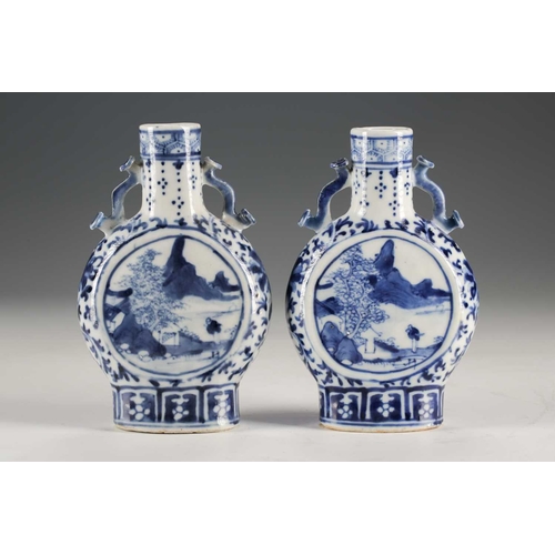 247 - A pair of Chinese blue & white moon flasks, Qing, late 19th century, each with ruyi sceptre handles,... 