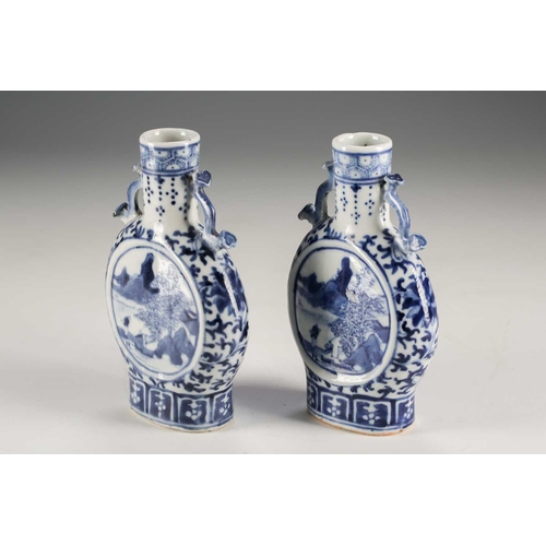 247 - A pair of Chinese blue & white moon flasks, Qing, late 19th century, each with ruyi sceptre handles,... 