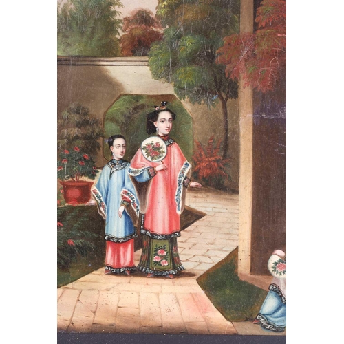 25 - Chinese school, Qing, early 19th century, two ladies and a young girl in a walled garden, oil on can... 