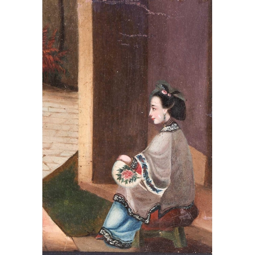 25 - Chinese school, Qing, early 19th century, two ladies and a young girl in a walled garden, oil on can... 