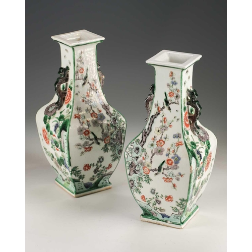 255 - A pair of Chinese famille verte vases, Qing, late 19th century, each of square section, with aubergi... 