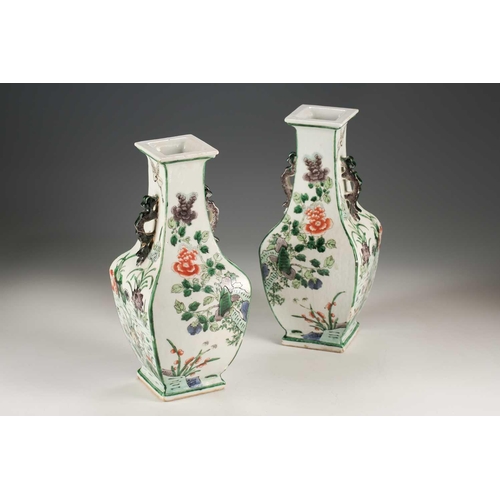 255 - A pair of Chinese famille verte vases, Qing, late 19th century, each of square section, with aubergi... 