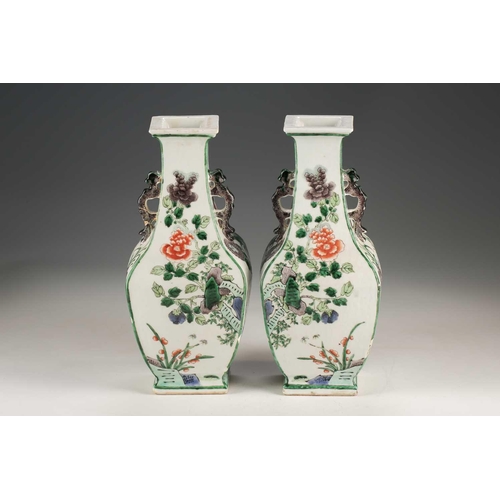 255 - A pair of Chinese famille verte vases, Qing, late 19th century, each of square section, with aubergi... 