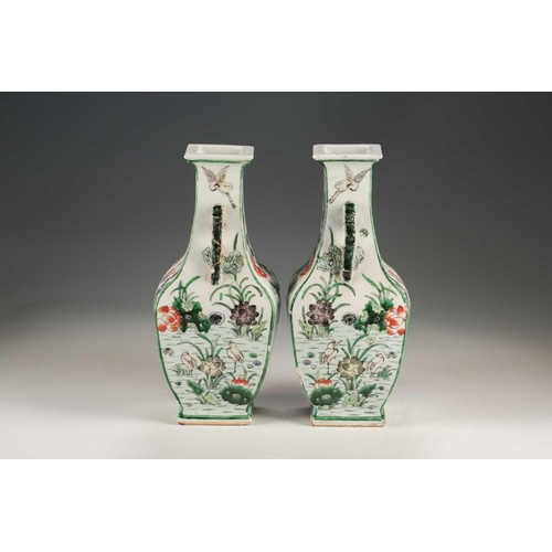 255 - A pair of Chinese famille verte vases, Qing, late 19th century, each of square section, with aubergi... 