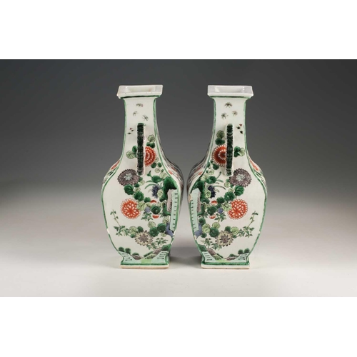 255 - A pair of Chinese famille verte vases, Qing, late 19th century, each of square section, with aubergi... 