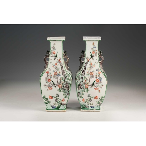 255 - A pair of Chinese famille verte vases, Qing, late 19th century, each of square section, with aubergi... 