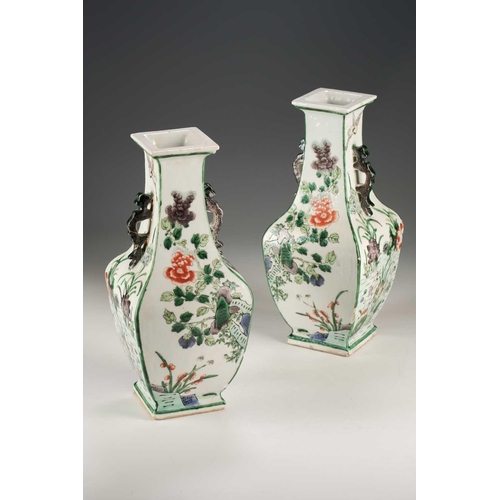 255 - A pair of Chinese famille verte vases, Qing, late 19th century, each of square section, with aubergi... 