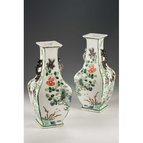 255 - A pair of Chinese famille verte vases, Qing, late 19th century, each of square section, with aubergi... 