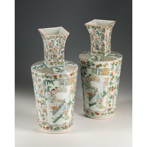 259 - A pair of Chinese famille verte vases, Qing, 19th century, the square necks above rounded bodies, pa... 