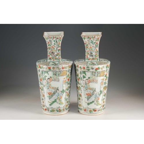 259 - A pair of Chinese famille verte vases, Qing, 19th century, the square necks above rounded bodies, pa... 