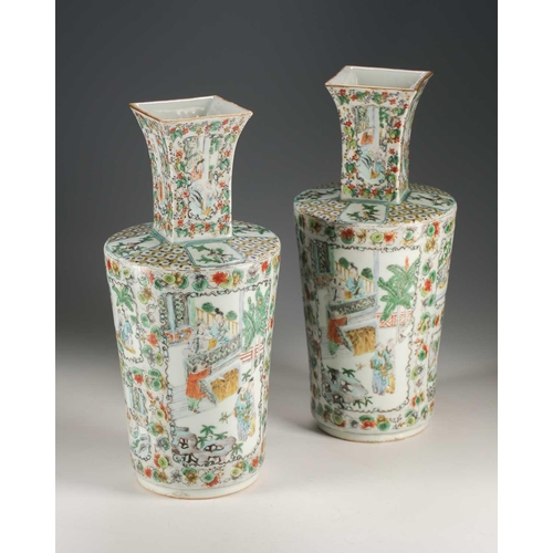 259 - A pair of Chinese famille verte vases, Qing, 19th century, the square necks above rounded bodies, pa... 