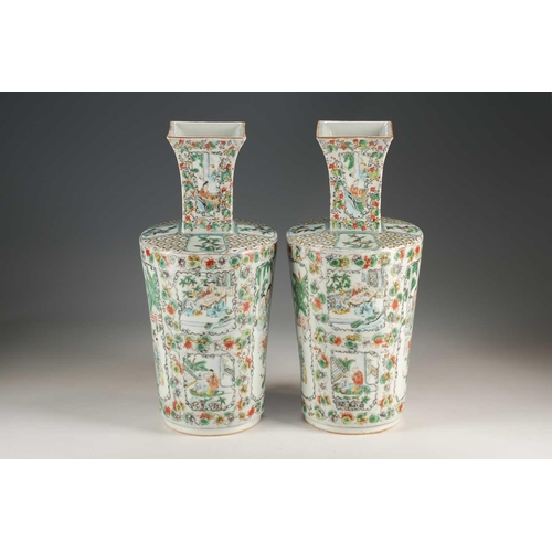 259 - A pair of Chinese famille verte vases, Qing, 19th century, the square necks above rounded bodies, pa... 