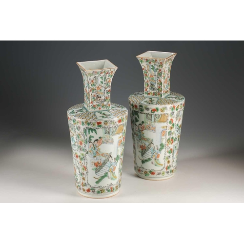 259 - A pair of Chinese famille verte vases, Qing, 19th century, the square necks above rounded bodies, pa... 