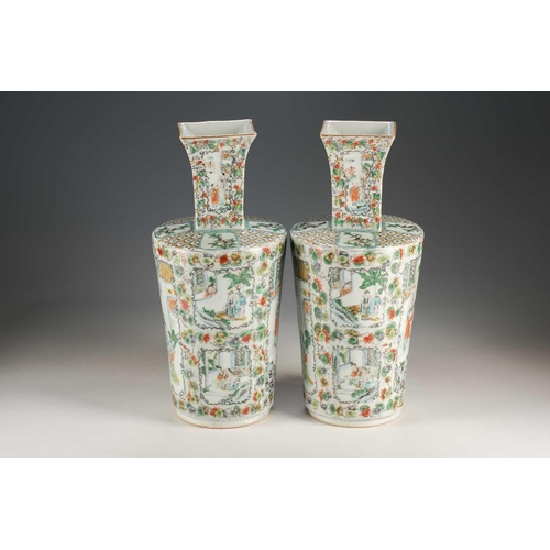 259 - A pair of Chinese famille verte vases, Qing, 19th century, the square necks above rounded bodies, pa... 