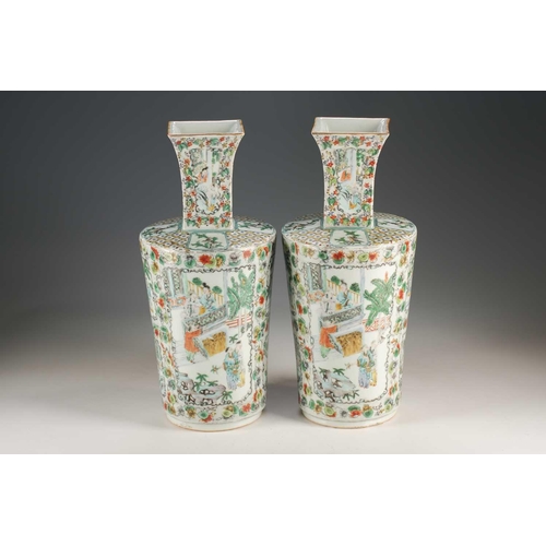 259 - A pair of Chinese famille verte vases, Qing, 19th century, the square necks above rounded bodies, pa... 