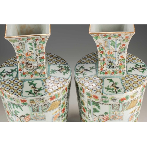 259 - A pair of Chinese famille verte vases, Qing, 19th century, the square necks above rounded bodies, pa... 