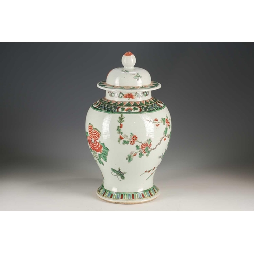 261 - A Chinese famille verte vase and cover, Qing, 19th century, painted with two feng-huang amongst tree... 